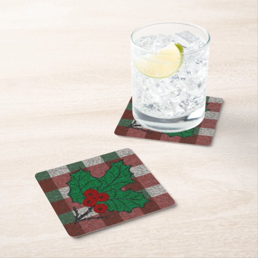 1940s Xmas Gingham Vierkante Kartonnen Onderzetter (Insitu)