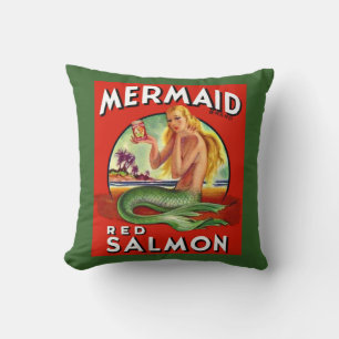 1940s Zeemeermin Zalm kan label afdrukken Kussen