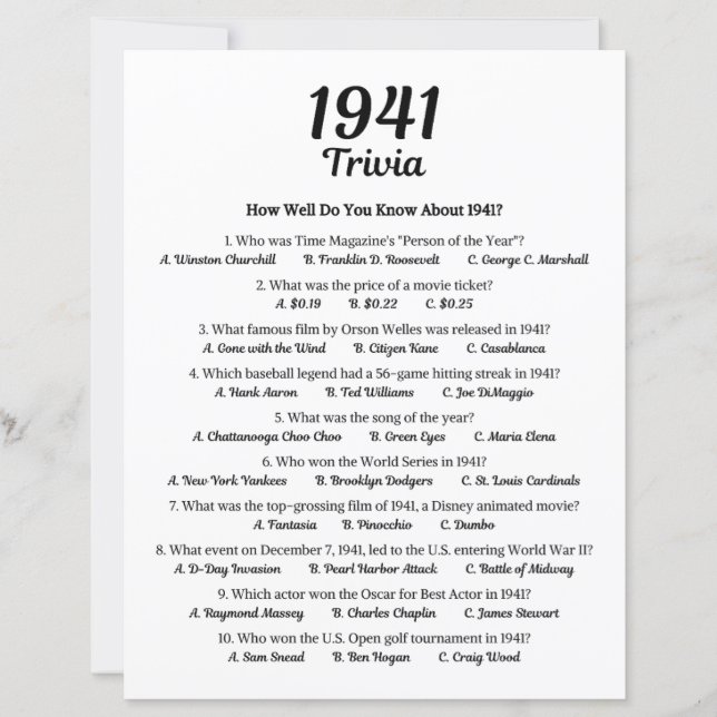 1941 Trivia spel | 84e verjaardag partij spel (Voorkant)