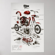 1949 Vintage Motorfiets Technische Explosieprint