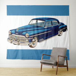 1950 blauwe DeSoto-afdruk Wandkleed