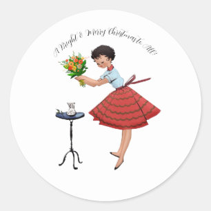 1950 dame met bloemen ronde sticker