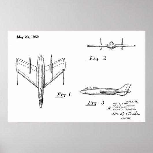 1950 Jet Airplane Patent Drawing Art Print (Voorkant)