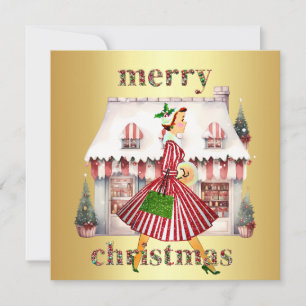 1950 Kerst  Lady Shopping Feestdagenkaart