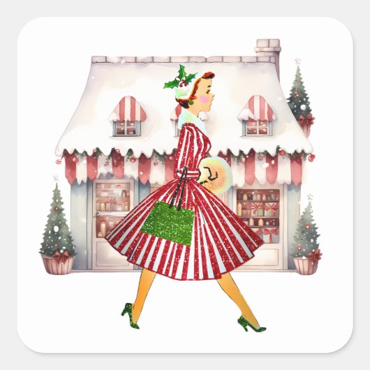 1950 Kerst Lady Shopping Vierkante Sticker (Voorkant)