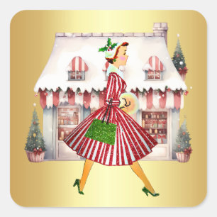 1950 Kerst Lady Shopping Vierkante Sticker