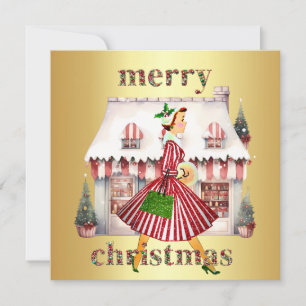1950 Kerst Vintage Dame Winkelen Feestdagenkaart