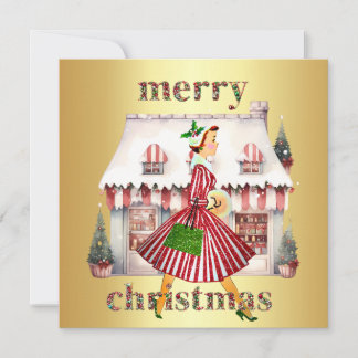 1950 Kerst Vintage Dame Winkelen Feestdagenkaart