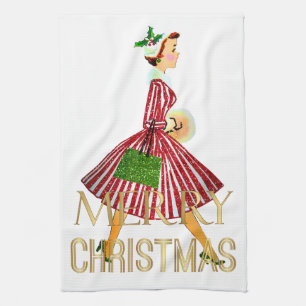 1950 Kerst Vintage Lady Merry Christmas Theedoek