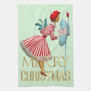 1950 Kerst Vintage Lady Merry Christmas Theedoek