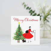1950 Kerstmis Dame met Hond Feestdagenkaart (Staand voorkant)