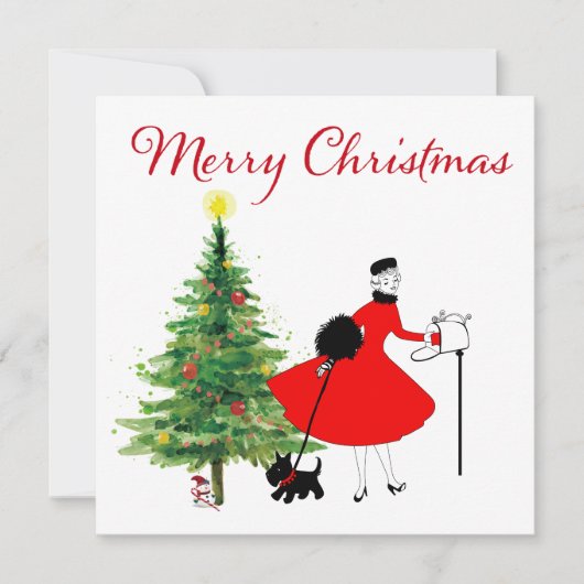 1950 Kerstmis Dame met Hond Feestdagenkaart (Voorkant)