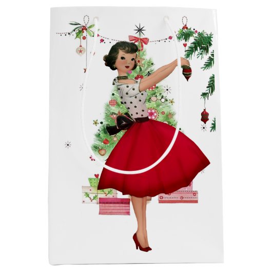 1950 Kerstmisvrouw met Kerstboom Medium Cadeauzakje (Voorkant)