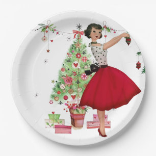 1950 Kerstmisvrouw met Kerstboom Papieren Bordje