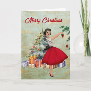 1950 Kerstvrouw met Kerstboom Kaart