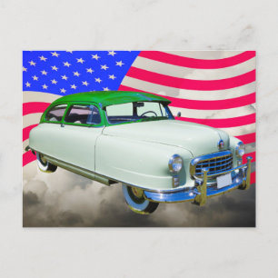 1950 Nash Ambassadeur Car en Amerikaanse vlag Briefkaart