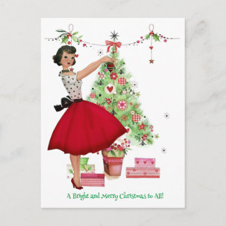 1950 Vintage Dame versiert Kerstboom Feestdagenkaart