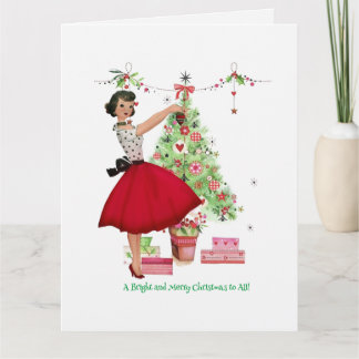 1950 Vintage Dame versiert Kerstboom Kaart