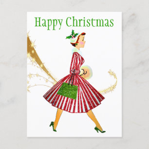1950 Vintage kerst vrouw met geschenken Briefkaart