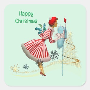 1950 Vintage kerst vrouw met geschenken Vierkante Sticker