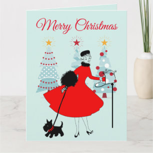 1950 Vintage Kerstmis Dame met Schotse Terriër Kaart