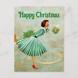 1950 Vintage Kerstmis vrouw Briefkaart