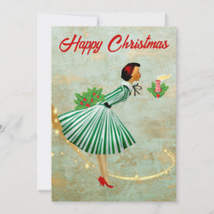 1950 Vintage Kerstmis vrouw Feestdagenkaart