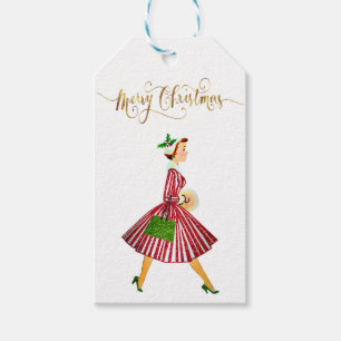 1950 Vintage Kerstvrouw Vrolijk Kerstfeest Cadeaulabel