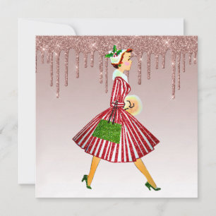 1950 vintage vrouw roze goud druipend goud feestdagenkaart