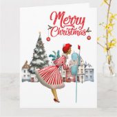 1950  vrouw met kerstgroeten kaart (Gele Bloem)