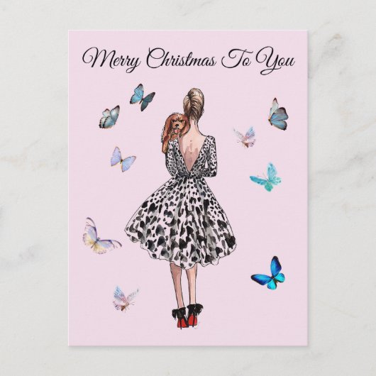 1950 Vrouw met Vlinders Kerstmis Groet Briefkaart (Voorkant)