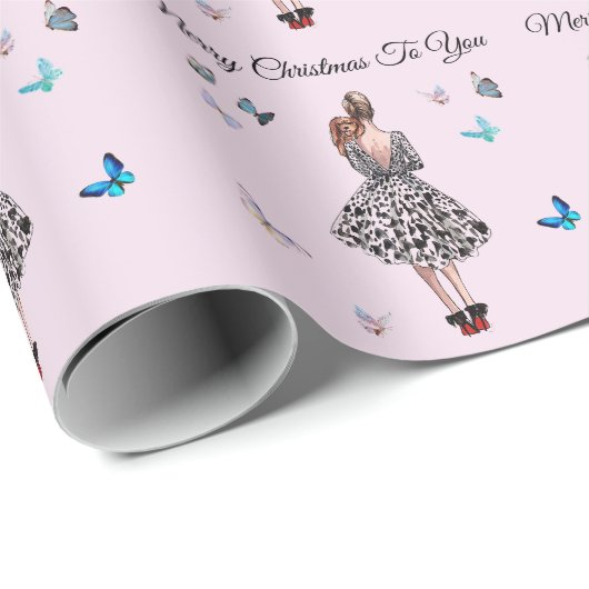 1950 Vrouw met Vlinders Kerstmis Groet Cadeaupapier (Rol Hoek)