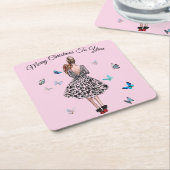 1950 Vrouw met Vlinders Kerstmis Groet Vierkante Kartonnen Onderzetter (Schuin)