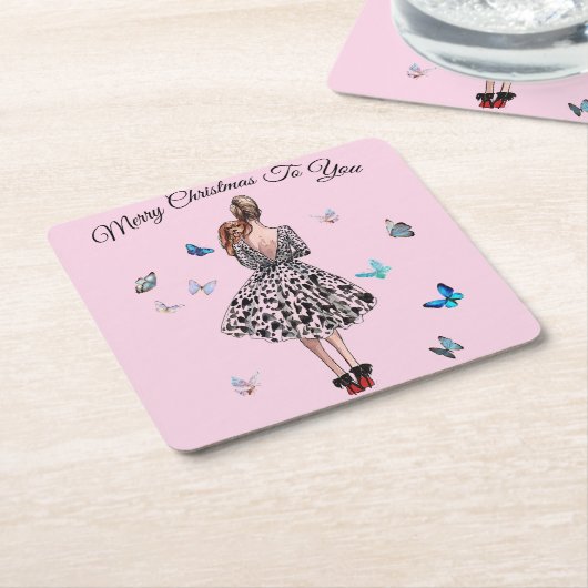 1950 Vrouw met Vlinders Kerstmis Groet Vierkante Kartonnen Onderzetter (Schuin)