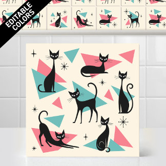 1950s Atoom Retro Katten Kleuren Volledig Bewerkba Tegeltje