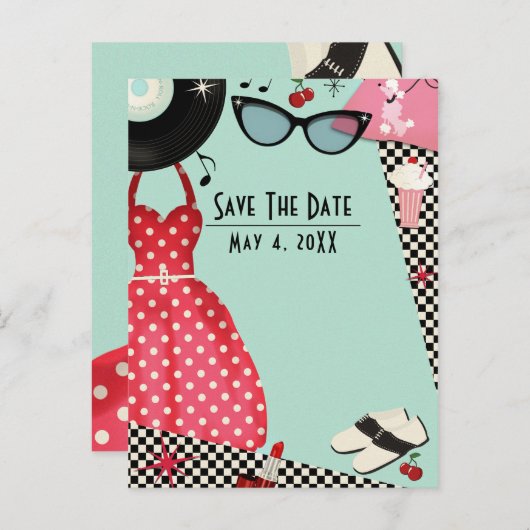 1950's Fifties Dress Up Retro Opslaan Datum Aankondigingskaart (Voorkant / Achterkant)