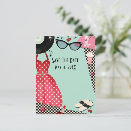 1950's Fifties Dress Up Retro Opslaan Datum Aankondigingskaart (Staand voorkant)