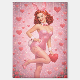 1950s Inspired Pink Bunny Art | Playful Valentine  Magneet