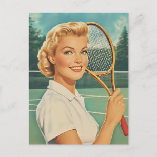 1950s Magazine Illustratie Tennis Vrouw Briefkaart
