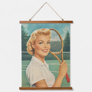 1950s Magazine Illustratie Tennis Vrouw Hangend Wandkleed