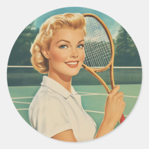 1950s Magazine Illustratie Tennis Vrouw Ronde Sticker
