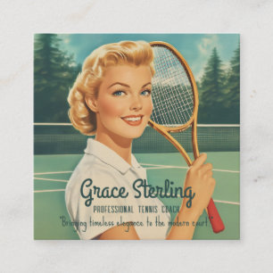 1950s Magazine Illustratie Tennis Vrouw Vierkante Visitekaartje