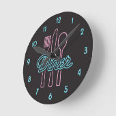 1950s Neon Diner Pink, Blue silverware Round Clock Ronde Klok (Hoek)