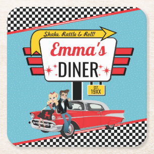 1950's Retro Diner Blauwgroen / Geel Verjaardagsfe Vierkante Kartonnen Onderzetter