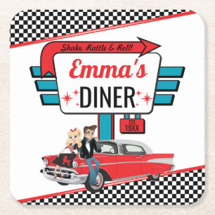 1950's Retro Diner Blauwgroen/Wit/Rood Verjaardags Vierkante Kartonnen Onderzetter