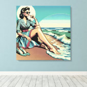 1950's Retro Woman Zittend op het strand Canvas Afdruk (Insitu (Houten vloer))