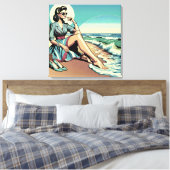 1950's Retro Woman Zittend op het strand Canvas Afdruk (Insitu (Slaapkamer))