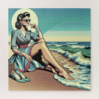 1950's Retro Woman Zittend op het strand Legpuzzel