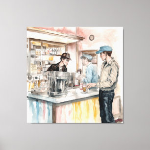 1950s Soda Shop Waterverf Canvas Art Print