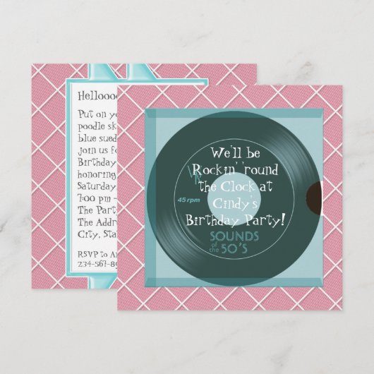 1950's Theme Birthday Invitations (Devant / Derrière)